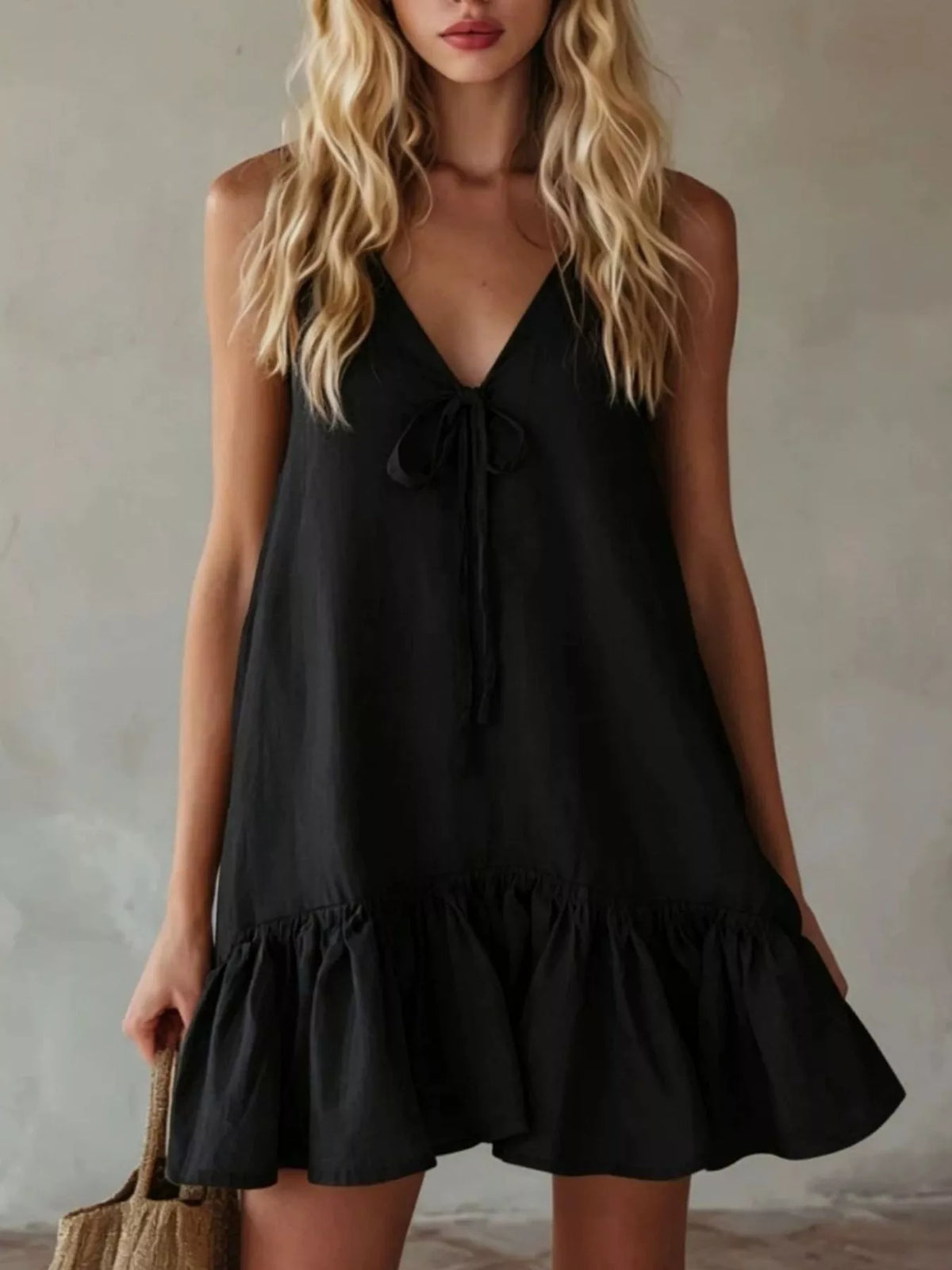 V-Neck Tie Front Ruffle Hem Mini Dress